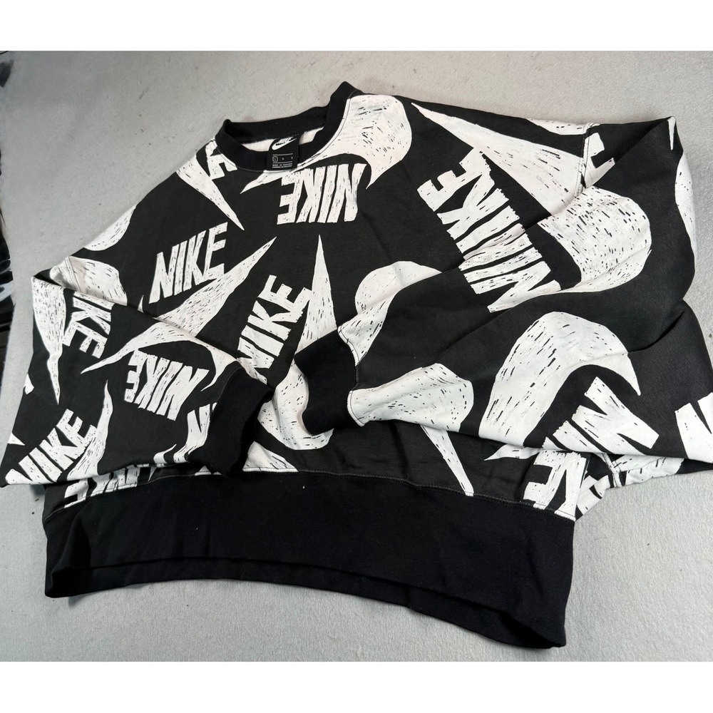 Nike Sportswear Womens Black All Over Print Swoosh Logo Cropped Sweatshirt L - Picture 3 of 8